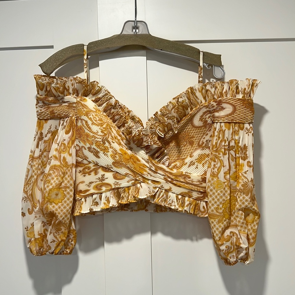 Zimmerman Cold-shoulder printed plisse-organza top Size 1